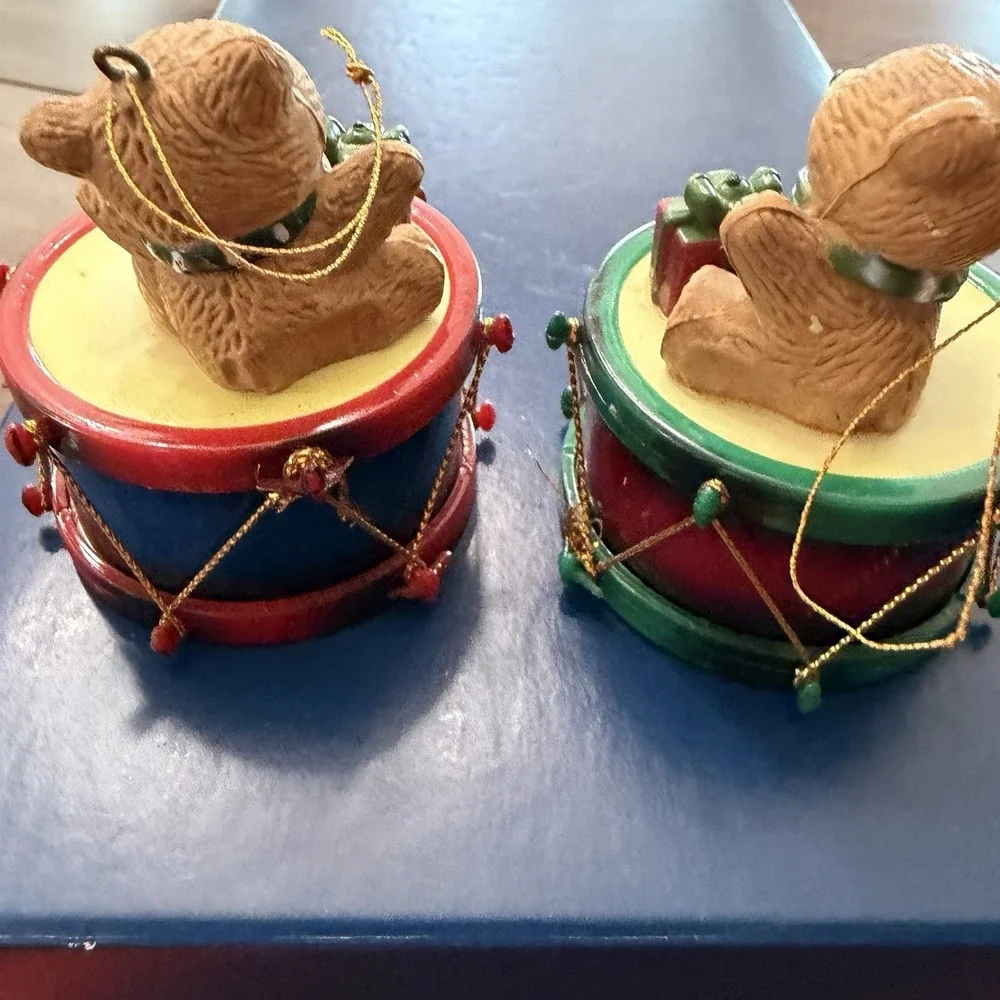 Vintage Teddy Bear Drum Christmas Ornament Set Of 3 Gift Bear Holiday